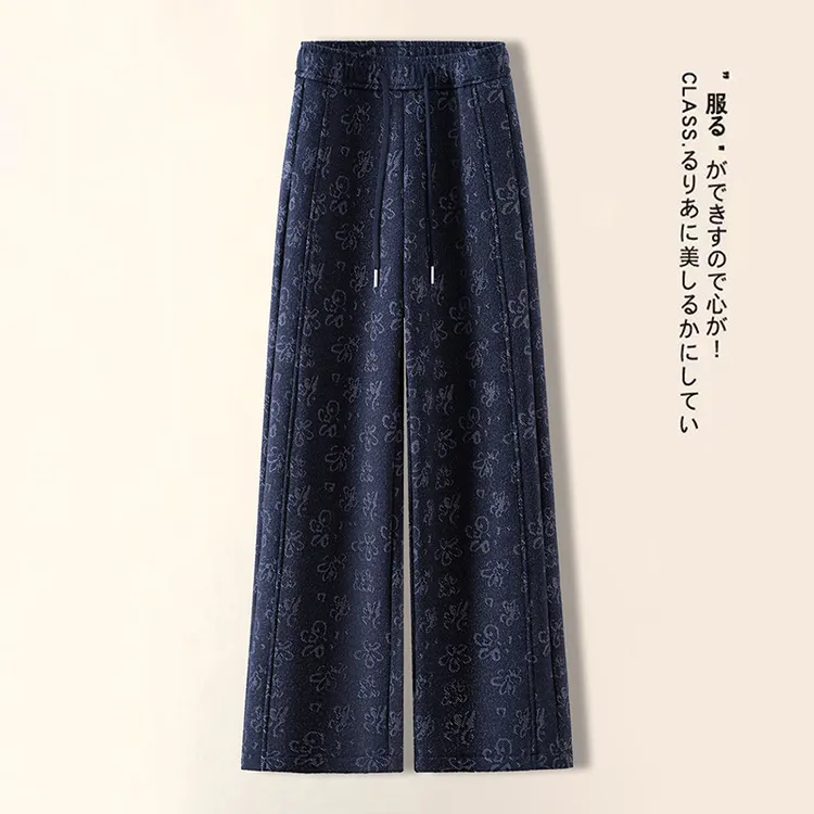 加绒加厚提花阔腿裤女2025秋冬新款松紧腰宽松显瘦保暖休闲直筒裤