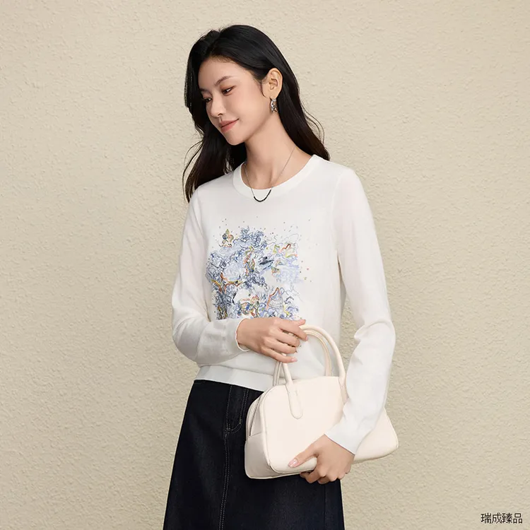 匠心重工万针刺绣圆领羊毛针织衫彩绘珠片趣味艺术设计感套头毛衣