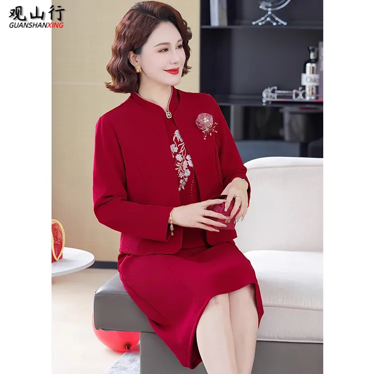 10月妈妈礼服两件套中老年女装春秋洋气外套中式绣花连衣裙套装秋