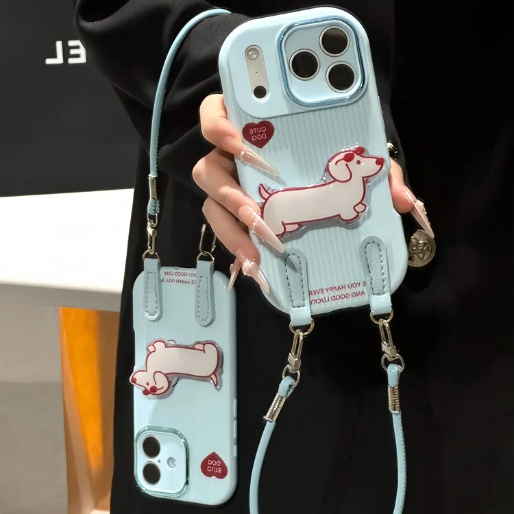 条纹腊肠狗支架挂绳适用苹果17手机壳iPhone16华为vivo小米14oppo