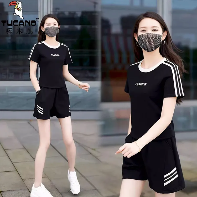啄木鸟纯棉时尚夏季大码新款宽松圆领高腰短裤两件套运动套装女衫