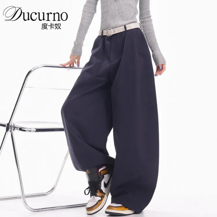 藏青阔腿弯刀裤女2025年秋季新款时尚宽松显瘦百搭廓形休闲裤裤子
