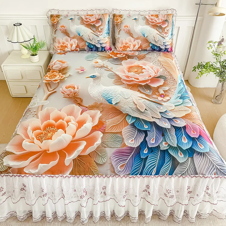 2025新款夏季冰丝床裙款凉席三件套可折叠水洗空调软凉席套件包邮