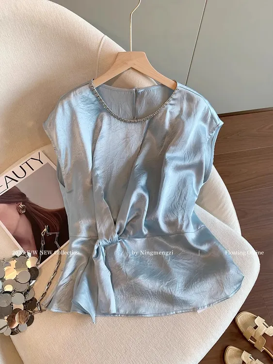 法式领口钉珠收腰修身无袖衬衫女2025年夏季新款别致显瘦气质上衣