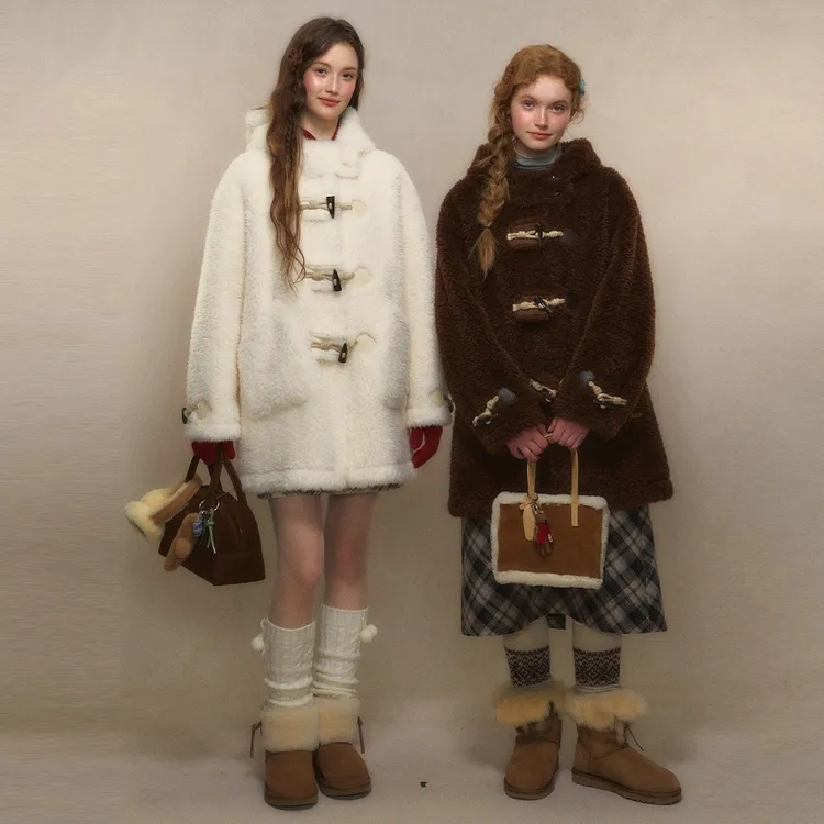 人造皮草 2025冬新款羊羔毛外套女中长款连帽牛角扣马毛毛大衣女