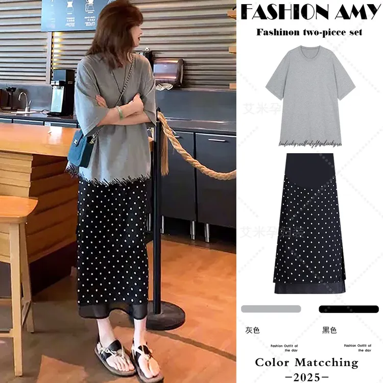 孕妇套装夏装新款时尚韩版休闲下摆刺绣短袖T恤显瘦波点半身裙子1