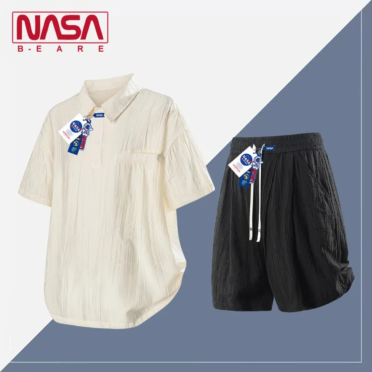 NASA联名夏季男士翻领短袖套装复古潮流休闲薄款POLO衫短裤两件套