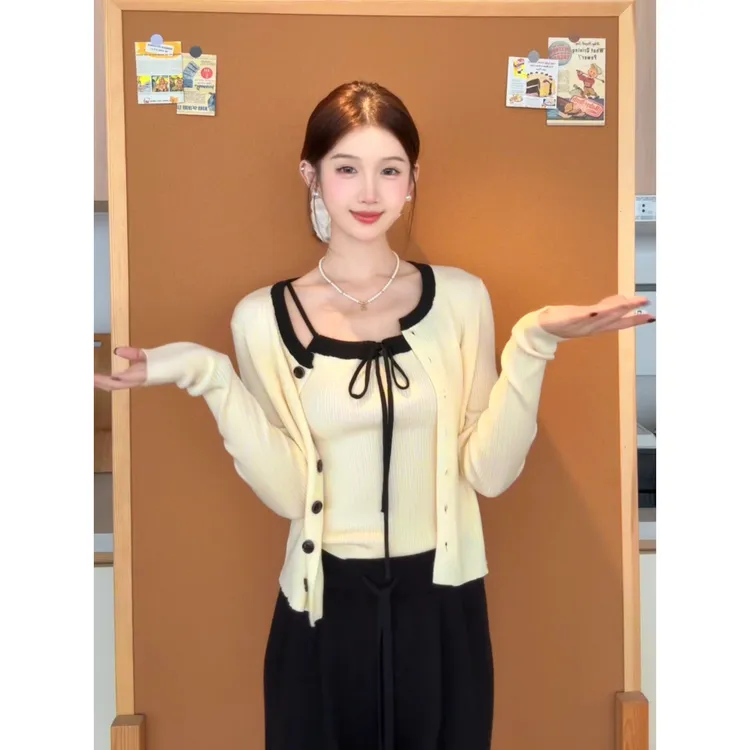 欧阳喜【秋野雏菊】秋冬韩系短款针织开衫甜美蝴蝶结圆领上衣