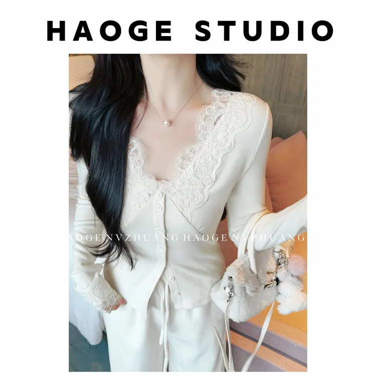 浩哥严选●名伶千金HGQ5SY3418A蕾丝长袖上衣预修身显瘦气质设计感