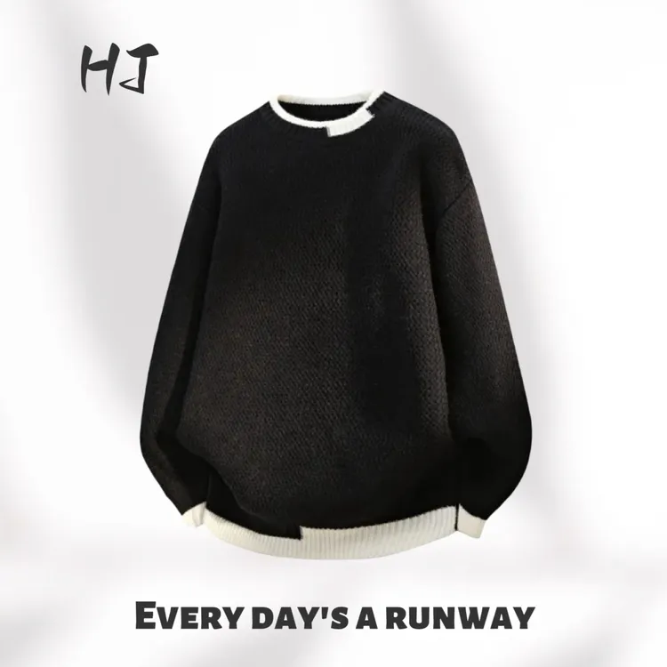 2025新款秋冬季圆领休闲潮流保暖宽松加厚套头毛衣男假两件外套潮