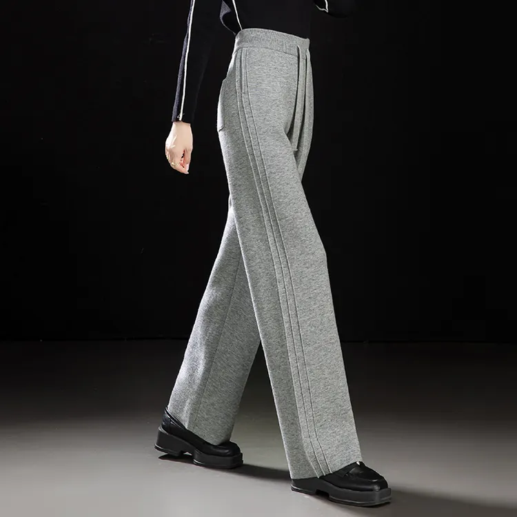 正品高端时尚秋冬羊毛阔腿裤女休闲外穿高腰垂感窄版加厚直筒裤子