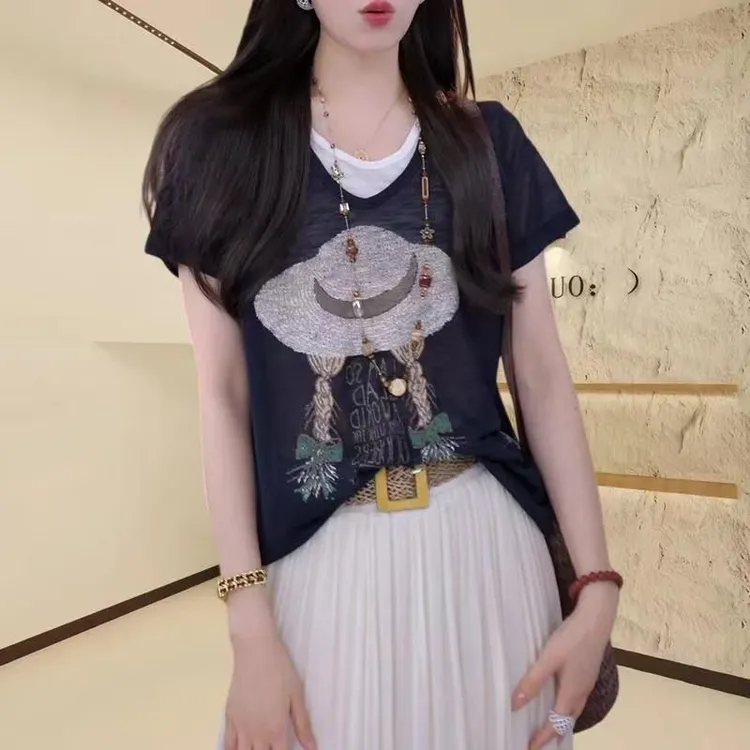 夏季薄款透气假两件短袖T恤女洋气小衫2025新款高级时尚减龄上衣