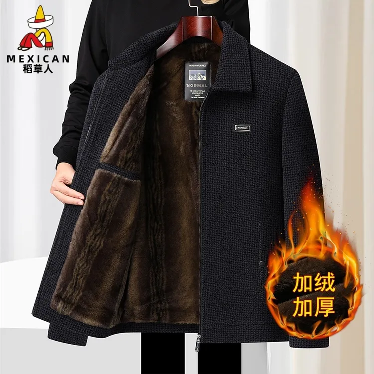 稻草人冬季加绒夹克加厚中老年爸爸雪尼尔衣外套男士高档潮牌男装