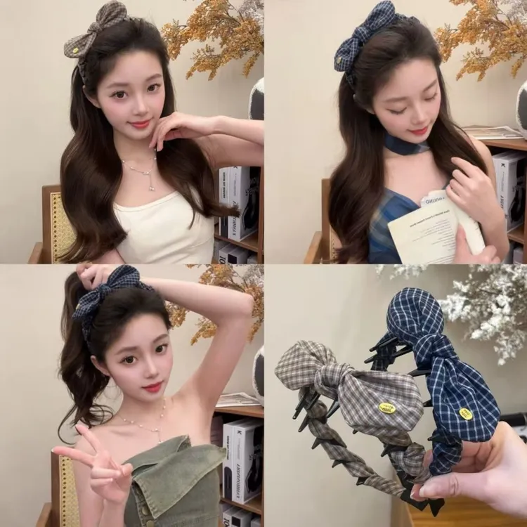 复古网格蝴蝶结发箍高级感百搭休闲风波浪头箍高颅顶发饰