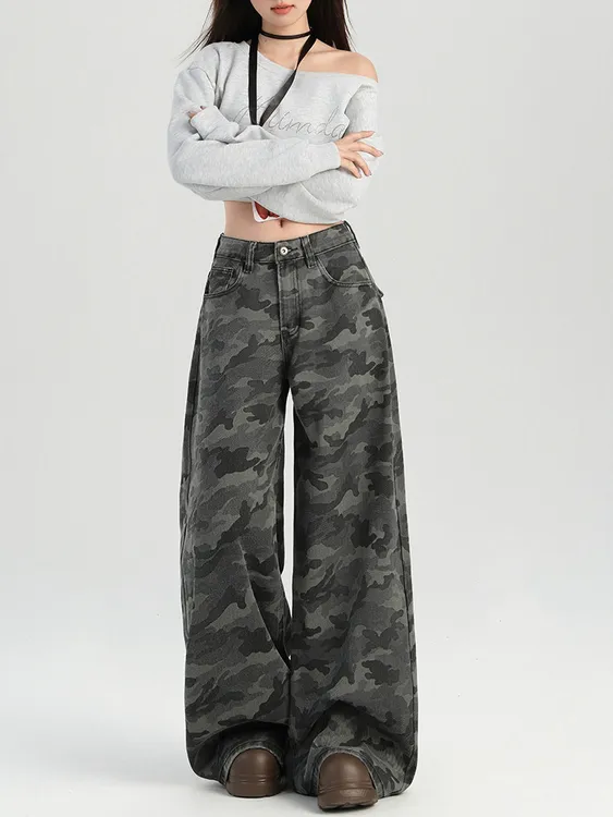 大码美式高街工装阔腿迷彩牛仔裤女夏季复古低腰宽松显瘦直筒裤子