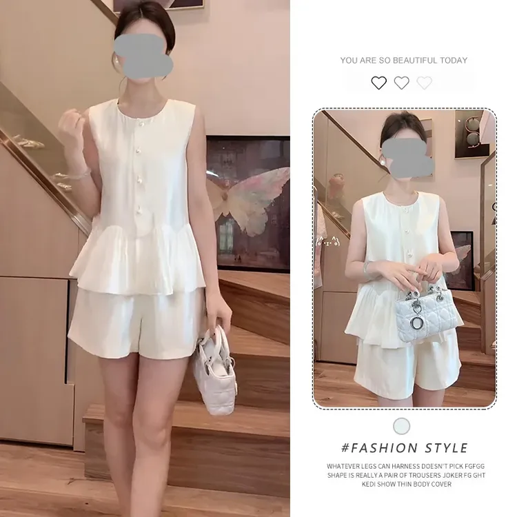 时尚通勤气质感休闲套装2025夏季新款无袖上衣阔腿短裤两件套女装