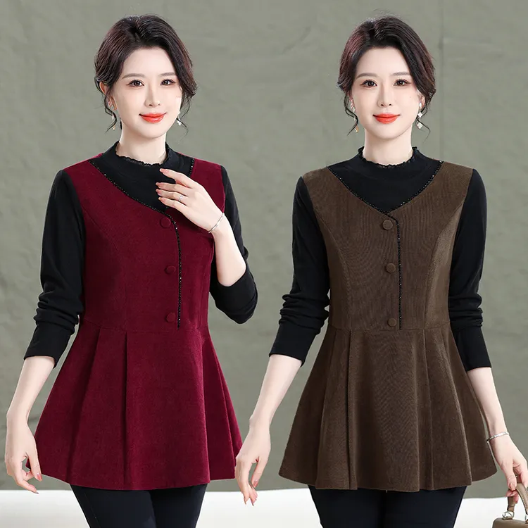 冬季加绒加厚款遮肉显瘦女中长款打底外穿中年妈妈假两件上衣女装