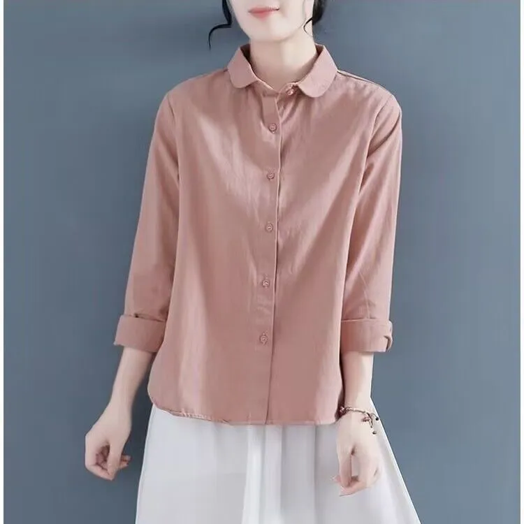 新款时尚复古棉麻文艺衬衫春秋长袖宽松显瘦亚麻休闲上衣衬衣