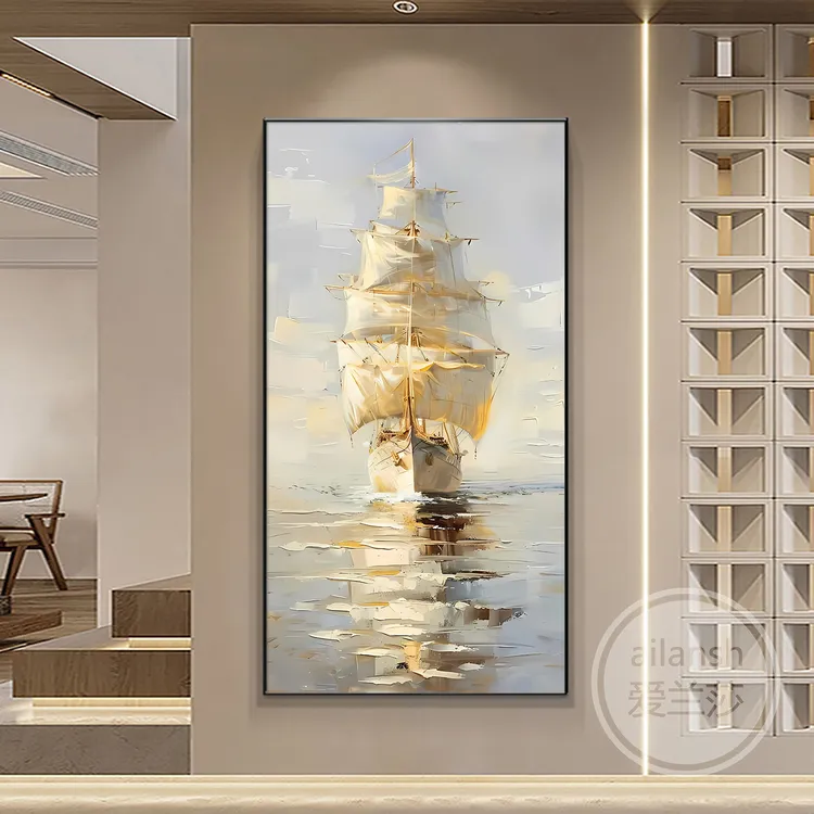 手绘油画玄关挂画大芬村装饰画竖版一帆风顺抽象海景走廊过道壁画