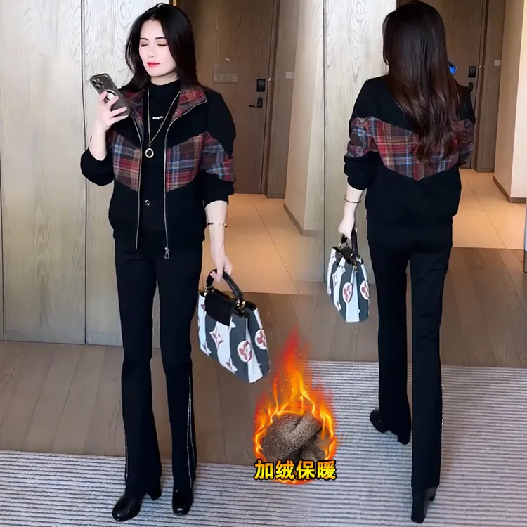 加绒加厚时尚牛仔短外套女冬季新款宽松显瘦格子拼接休闲夹克上衣