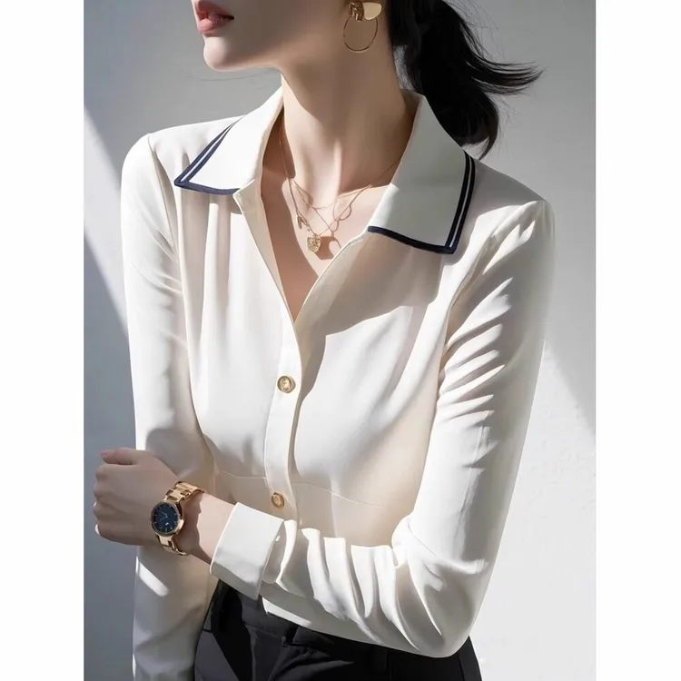 浅春系穿搭洋气减龄上衣轻熟风设计感小众白色Polo领修身衬衫女装