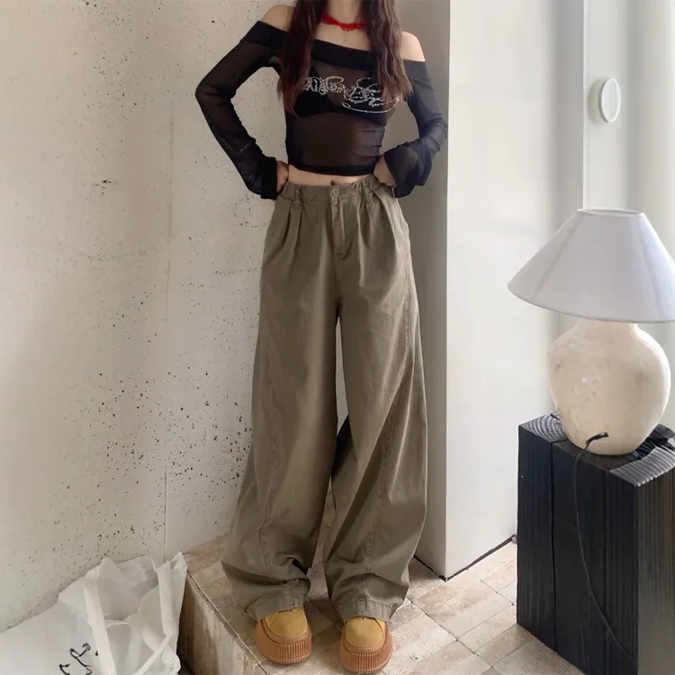 美式卡其色工装裤女秋季新款大码胖mm宽松高腰显瘦阔腿休闲弯刀裤