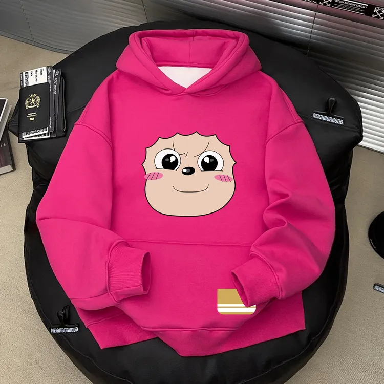 美式个性高街风男女款连帽套头上衣懒羊羊印花秋冬季火龙果色卫衣