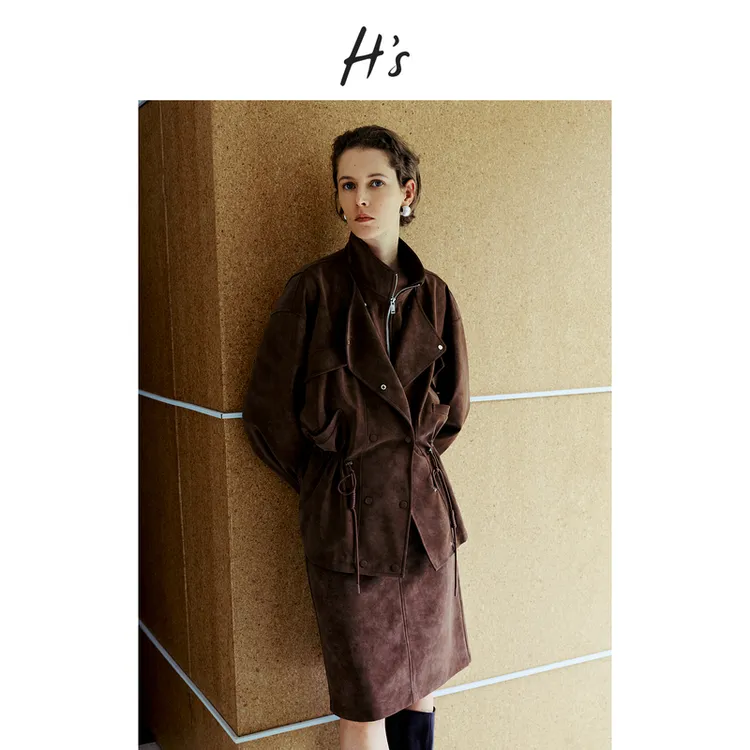 【博主同款】H'S假两件短外套女25秋新款哑光水洗仿皮收腰夹克外衣