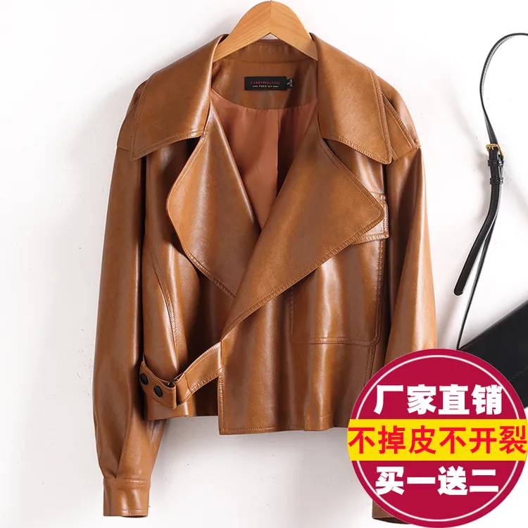 海宁皮衣女短款宽松收腰显瘦机车服气质皮夹克小外套2025秋装新款