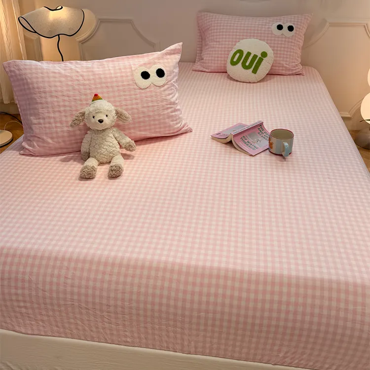 A类可爱粉格纯棉四季床笠学生宿舍床上三件套隔脏床套床垫保护罩