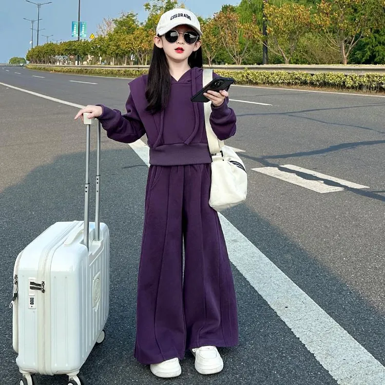 范哲萨女童运动服套装2025新款大童时髦纯色休闲卫衣直筒裤两件套