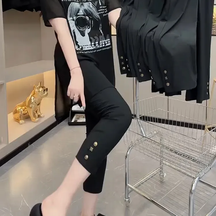 黑色直筒休闲裤子女秋季新款胖mm梨形身材显瘦高腰弹力九分烟管裤