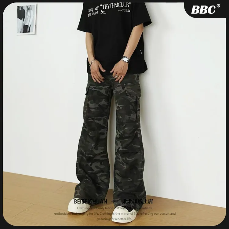 BBC【复古迷彩工装裤】美式微喇男女宽松直筒水洗做旧多口袋休闲