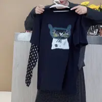 常规袖重工T恤猫休闲风女士圆领短袖长袖印花