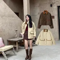 撞色翻领口袋棉服~ 绗缝菱格保暖显瘦中长/短款夹克棉服女YD039