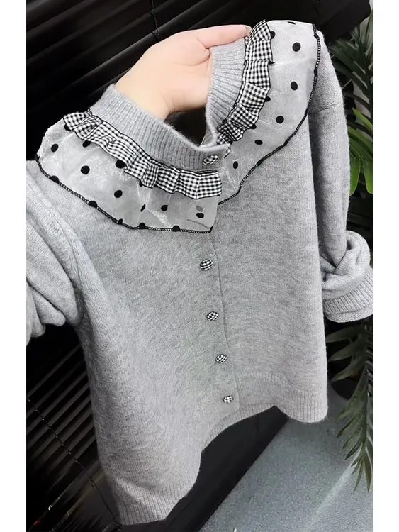 韩系时尚拼接设计灰色圆领针织开衫女2025秋冬季新款精致洋气毛衣