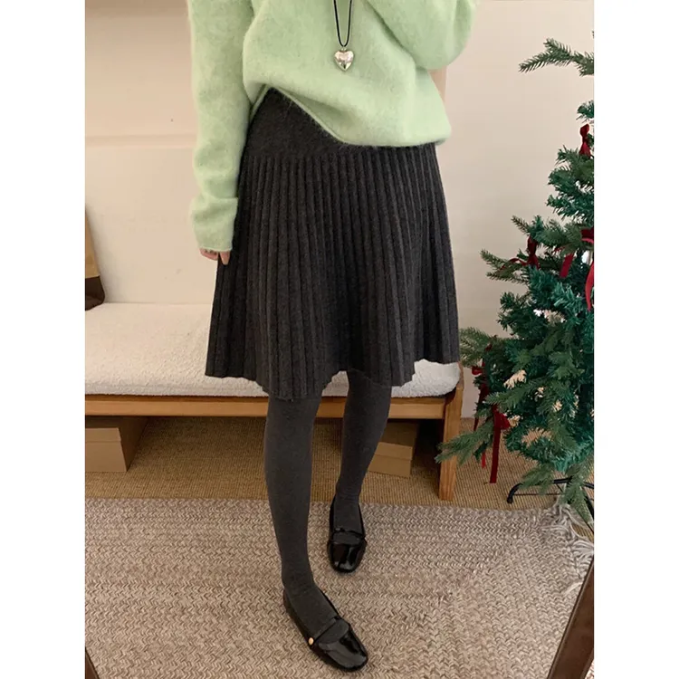 美爆了！针织百褶短裙女早秋冬新款松紧高腰显瘦裙子慵懒a字半身裙