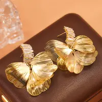 铜合金合成锆石耳饰 金色拉丝花瓣耳环女轻奢高级感耳钉新款2025