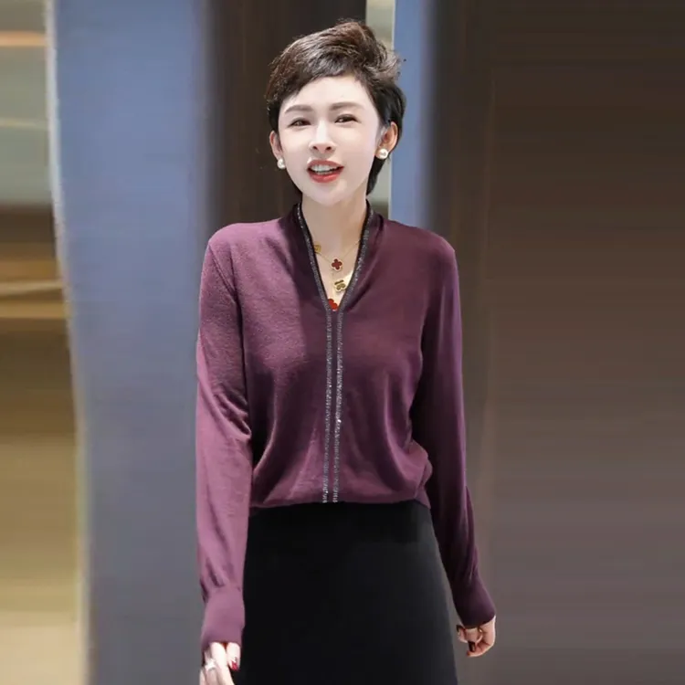 复古时髦V领安可拉紫打底衫女2025早秋新款修身洋气高级感针织衫