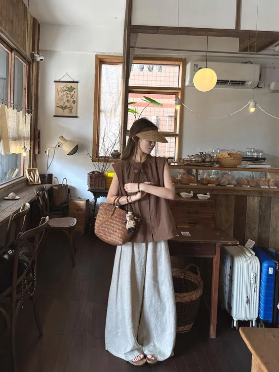 夏季新款韩系洋气复古小飞袖衬衫设计感上衣高腰阔腿裤显瘦两件套