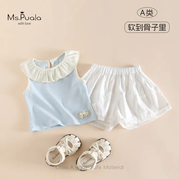 【MsPuala蓝与白】童装婴幼童夏季套装女娃娃领无袖上衣短裤两件套