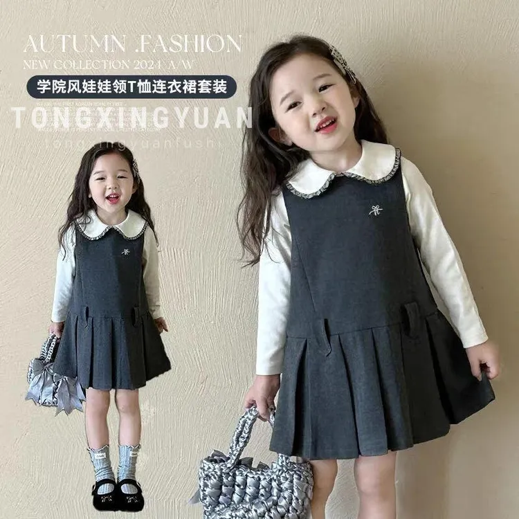 秋季新款童装韩版洋气女童学院风纯色呢子背心裙可爱超萌儿童衣服