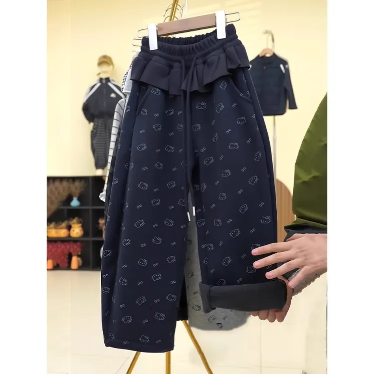 女童加绒裤子秋冬款2025新款洋气儿童加厚弯刀裤冬季一体绒阔腿裤