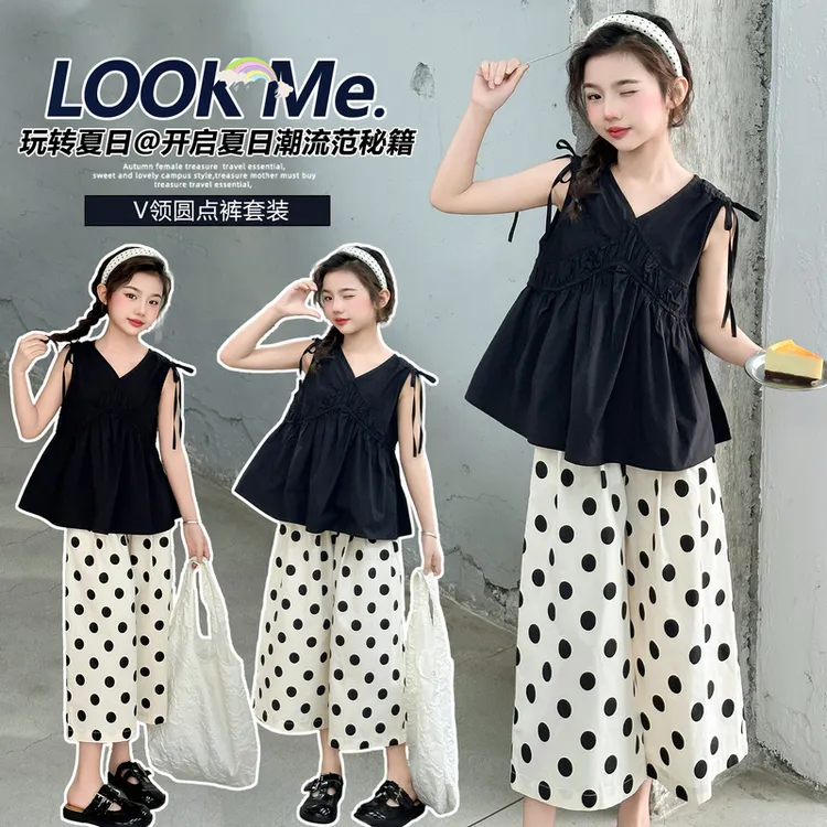 女童夏季无袖娃娃衫套装甜美洋气中大童休闲时尚波点阔腿裤两件套