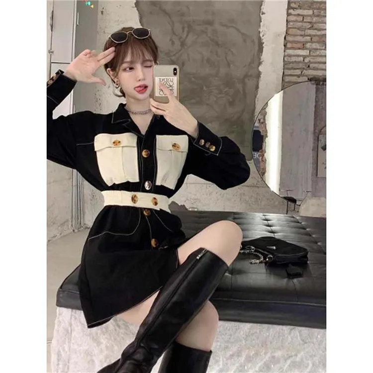 工装连衣裙女春秋季黑色长袖高级感短裙收腰气质西装裙子D3742