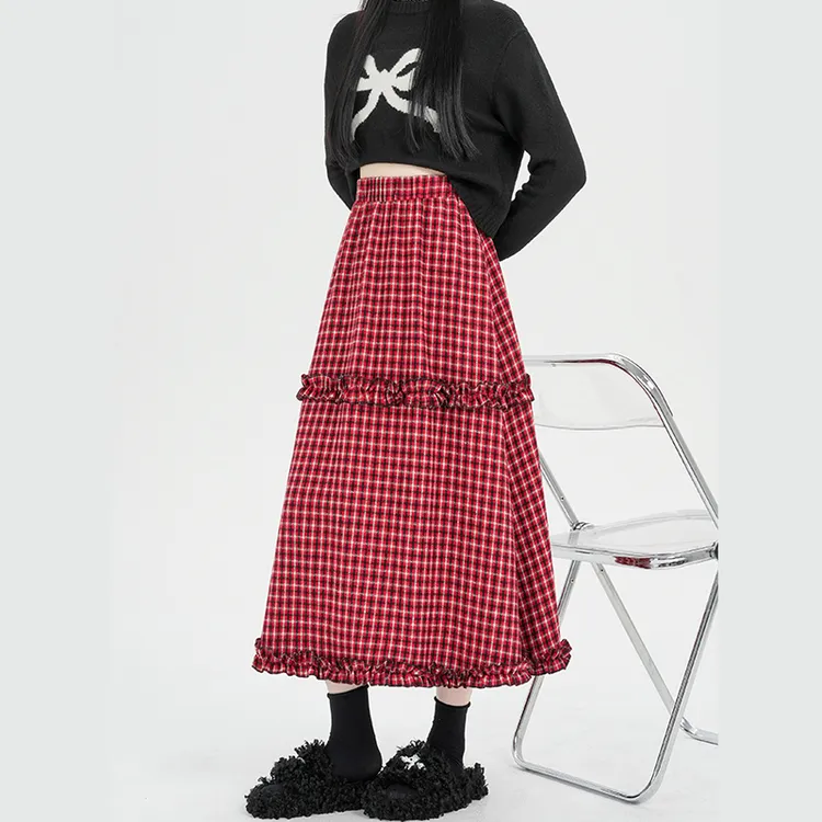 法式复古甜美浪漫风木耳边拼接红色格子毛呢半身裙女中长款A字裙
