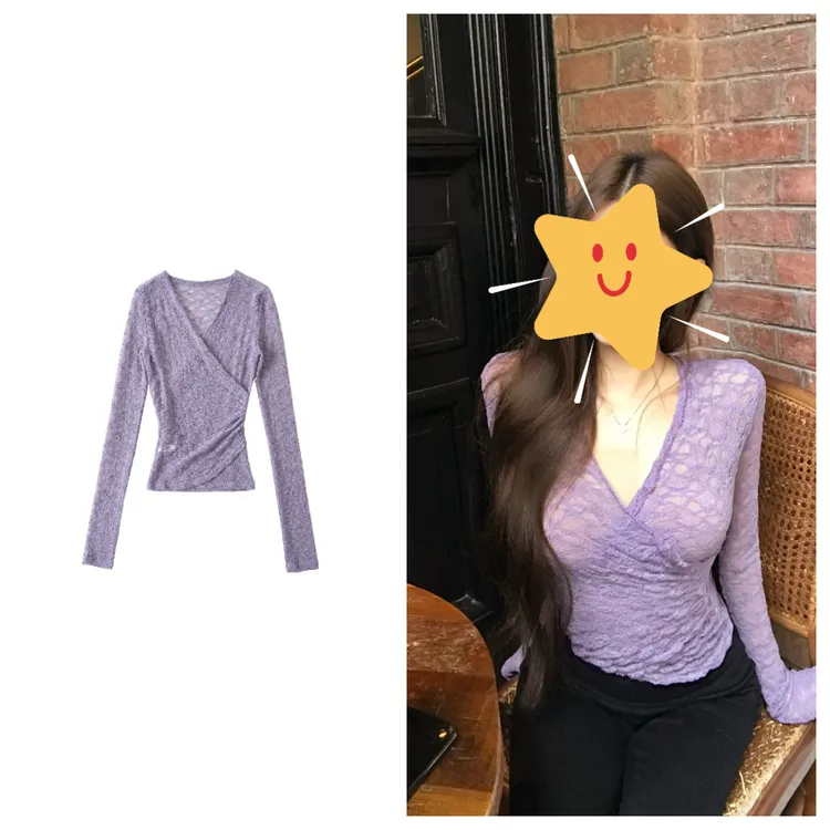 紫色交叉v领蕾丝衫T恤女秋季御姐轻熟风气质性感透视修身长袖上衣