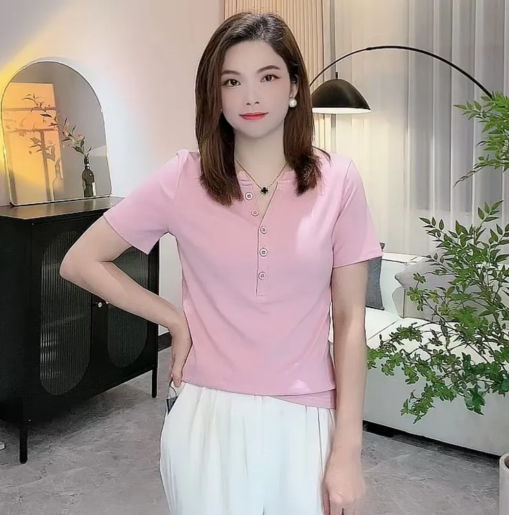 优质棉 设计感v领纽扣t恤女士气质夏季修身显瘦休闲百搭时尚衣服