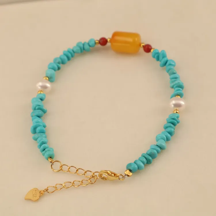 [星望珠宝]美松不定形+银+珍珠+绿松石蜜蜡+南红手链TMLS05手工