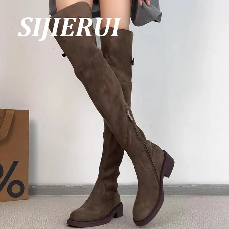SIJIERUI绒面过膝气质骑士靴女2025年冬季侧拉链粗跟两穿长筒靴女